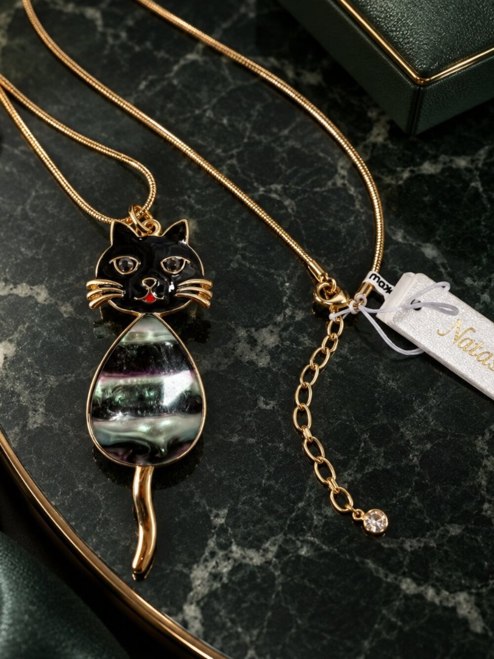 Natasha Black Cat Necklace Gold Tone Abalone Shell Pendant Long Chain NWT